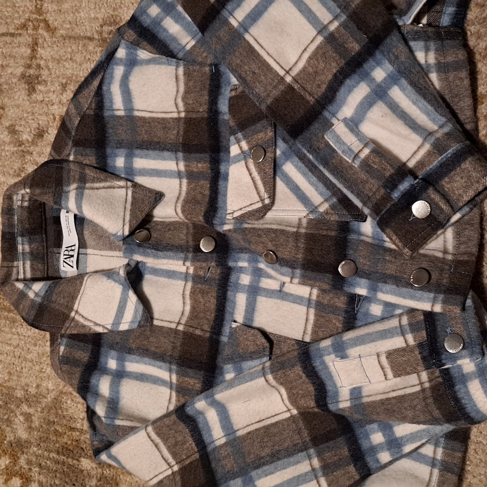 Zara Blue and Brown Plaid Jacket Waist High (Cropped Jacket